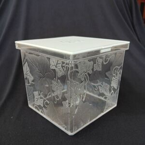 Vtg Q-tips Cotton Swabs Refillable Vanity Storage Box Hard Plastic Leaves Design